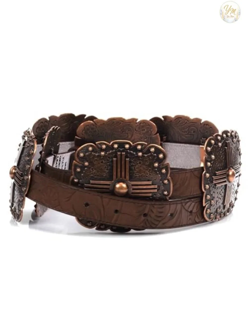 Women's Floral Embossed Leather Belt with Western Square Conchos and Removable